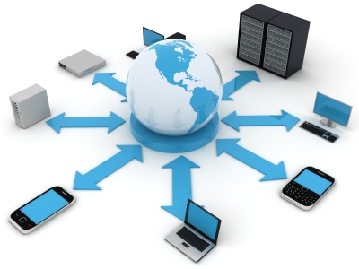 Various electronic devices linked by arrows to a globe in the center